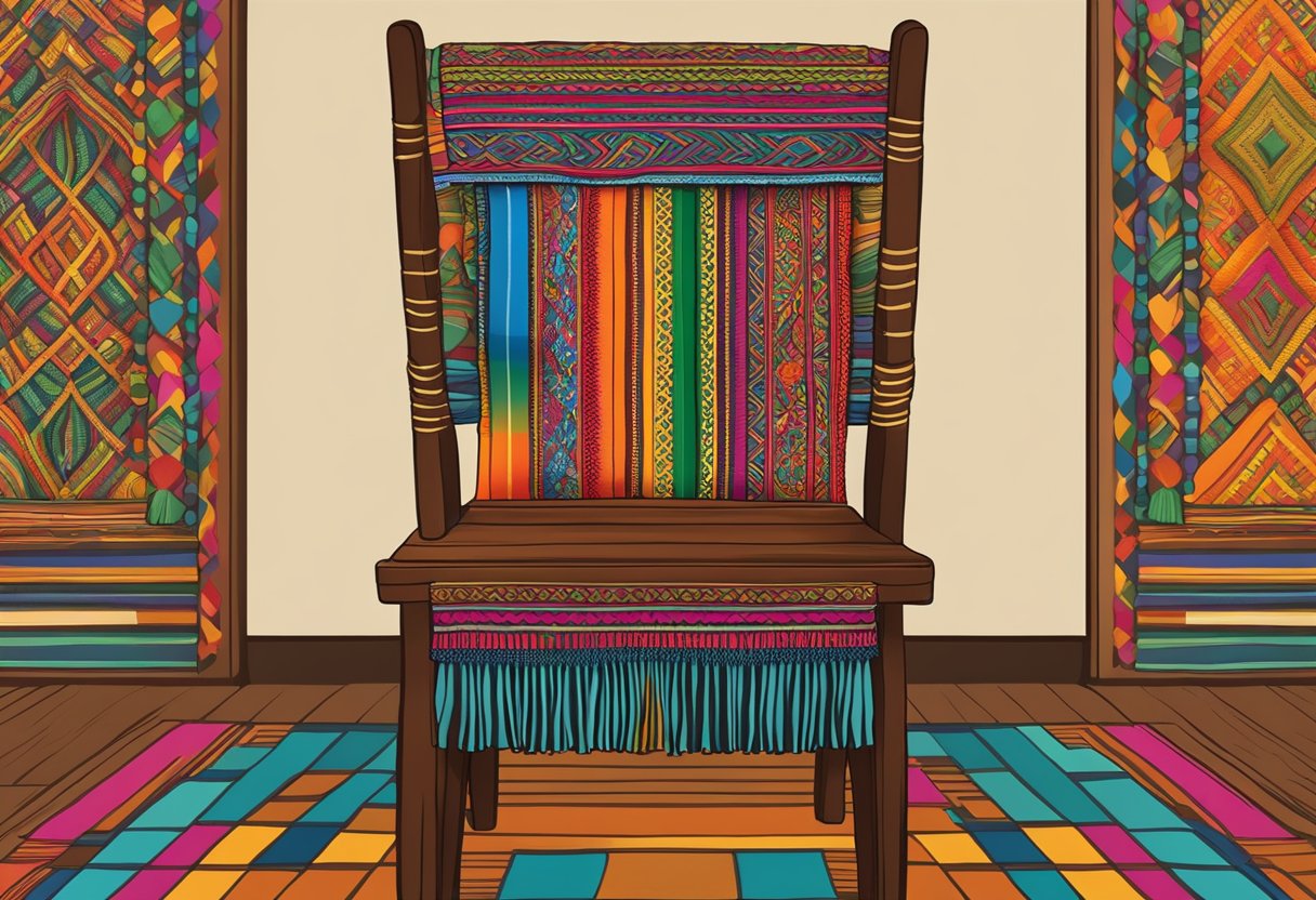 A colorful Mexican rebozo draped over a wooden chair, with intricate patterns and vibrant colors symbolizing cultural significance