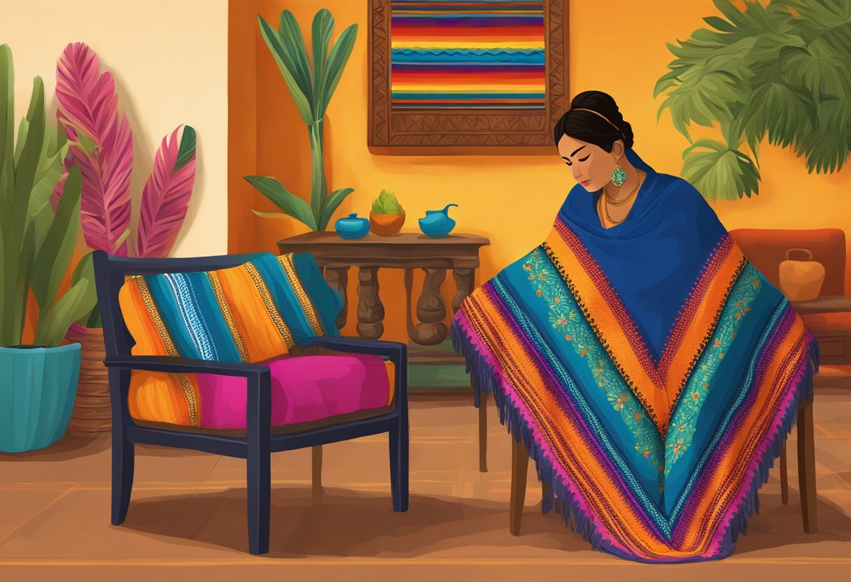 A rebozo draped over a chair in a vibrant Mexican setting, with traditional patterns and colors