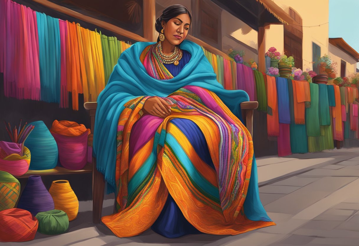 A vibrant rebozo draped over a chair in a bustling Mexican marketplace, surrounded by colorful textiles and traditional crafts