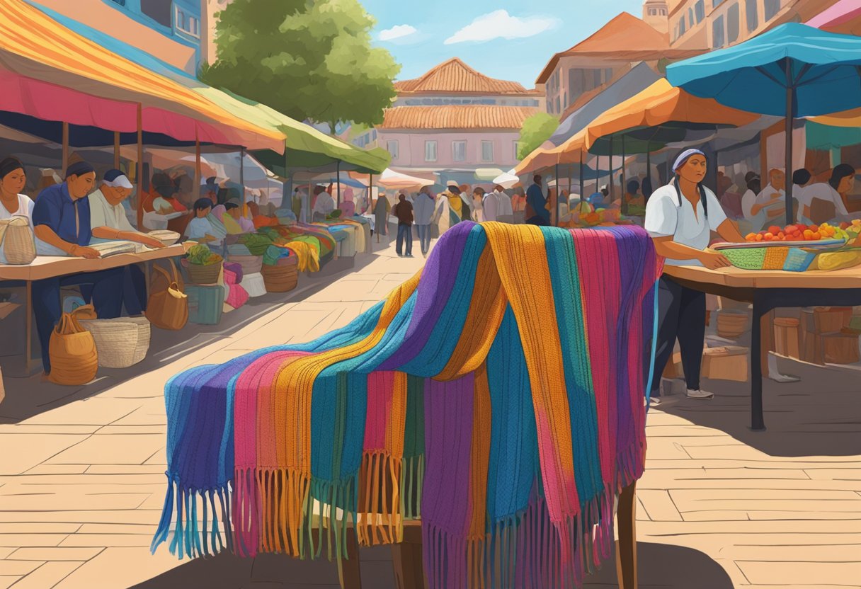 A colorful rebozo draped over a chair in a bustling market square