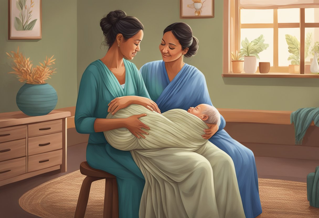 A woman sits on a birthing stool, holding onto a rebozo wrapped around her belly, while a midwife supports her from behind