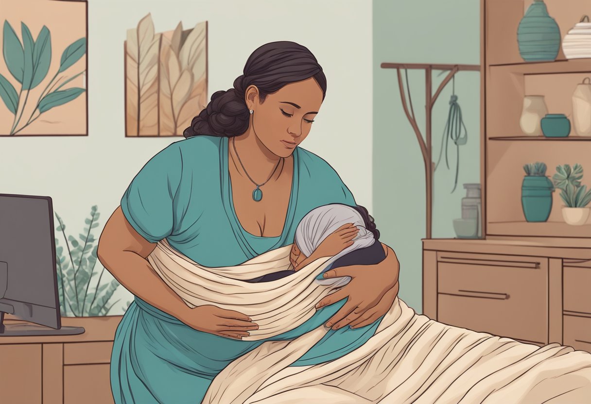 A midwife gently wraps a rebozo around a birthing person's belly, providing support and comfort during labor