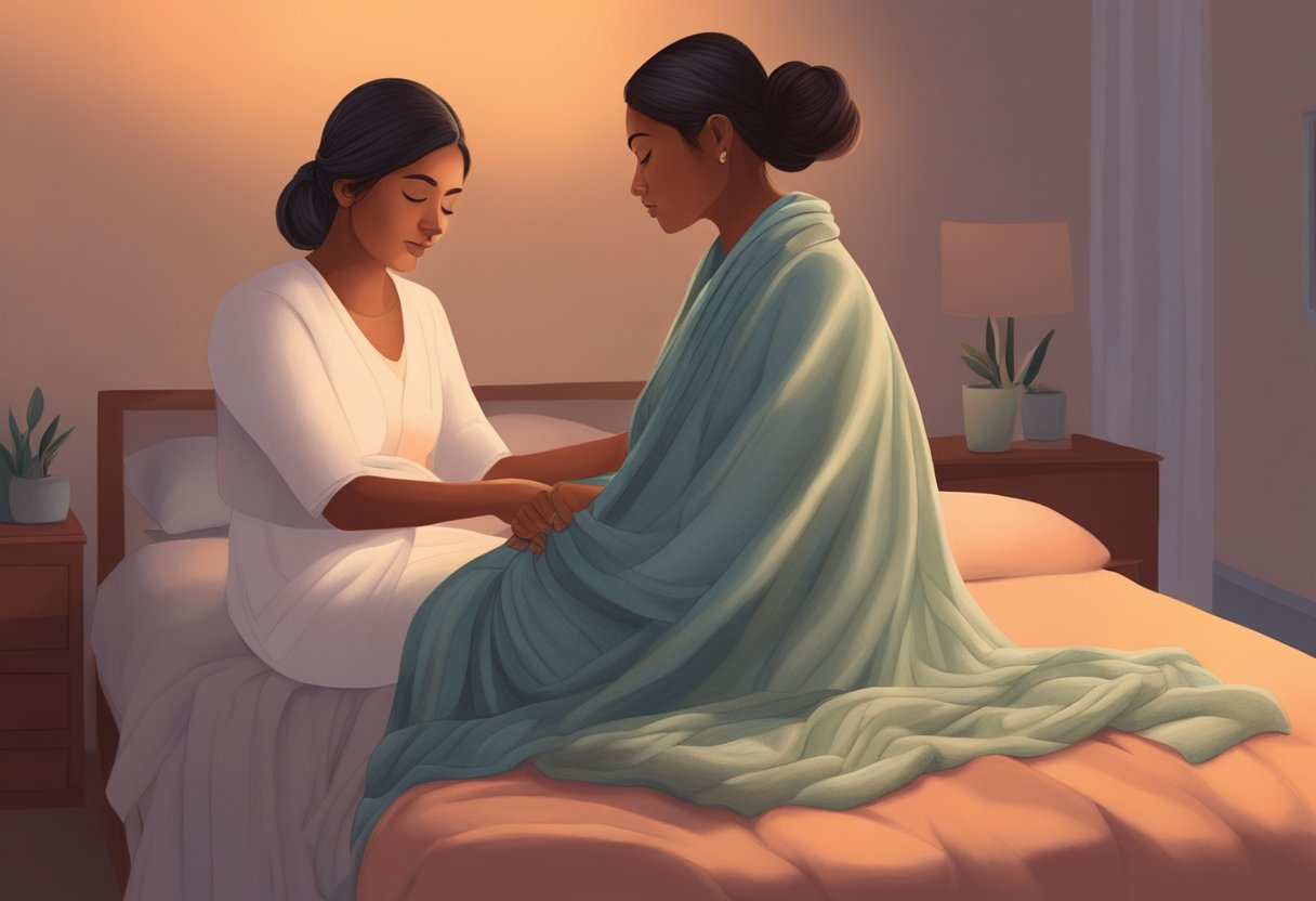 A woman sits on a bed, surrounded by soft lighting and comforting colors. A rebozo is draped over her shoulders, and a caregiver gently adjusts it around her body