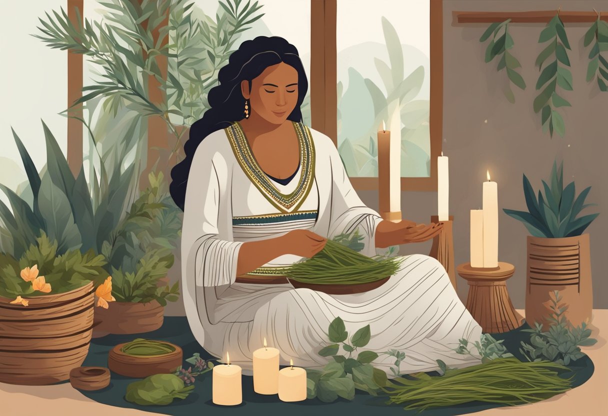 A woman sits on a woven rebozo, surrounded by herbs and candles. A traditional healer performs a cleansing ritual using the rebozo