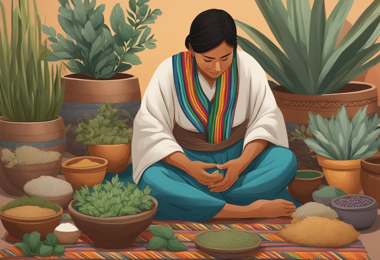 A traditional Mexican healer sits cross-legged on a woven mat, surrounded by herbs and clay pots. They carefully wrap a colorful rebozo around a patient's shoulders, performing a healing ritual