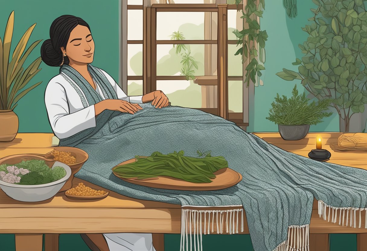 A traditional Mexican rebozo is draped over a massage table, with a bowl of herbs and a small candle nearby. A healer's hands are seen in the background, preparing for a healing session