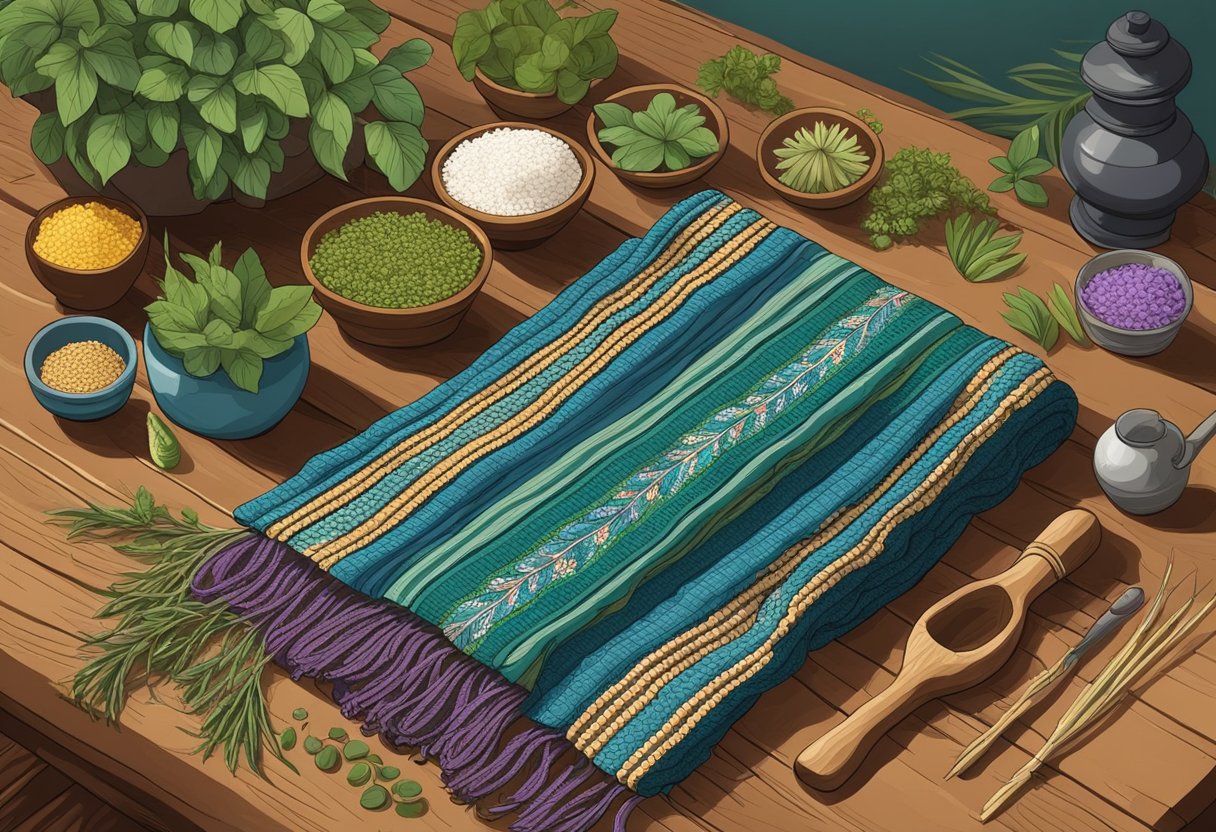 A traditional Mexican rebozo is draped over a wooden table, surrounded by various healing herbs and tools used in traditional medicine