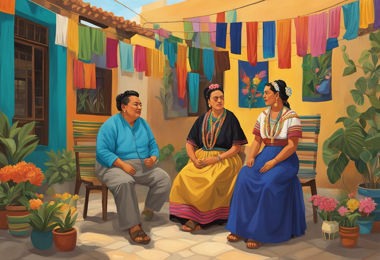 Frida Kahlo and Diego Rivera sitting in a courtyard, surrounded by colorful rebozos hanging from a clothesline, while they discuss their latest art projects