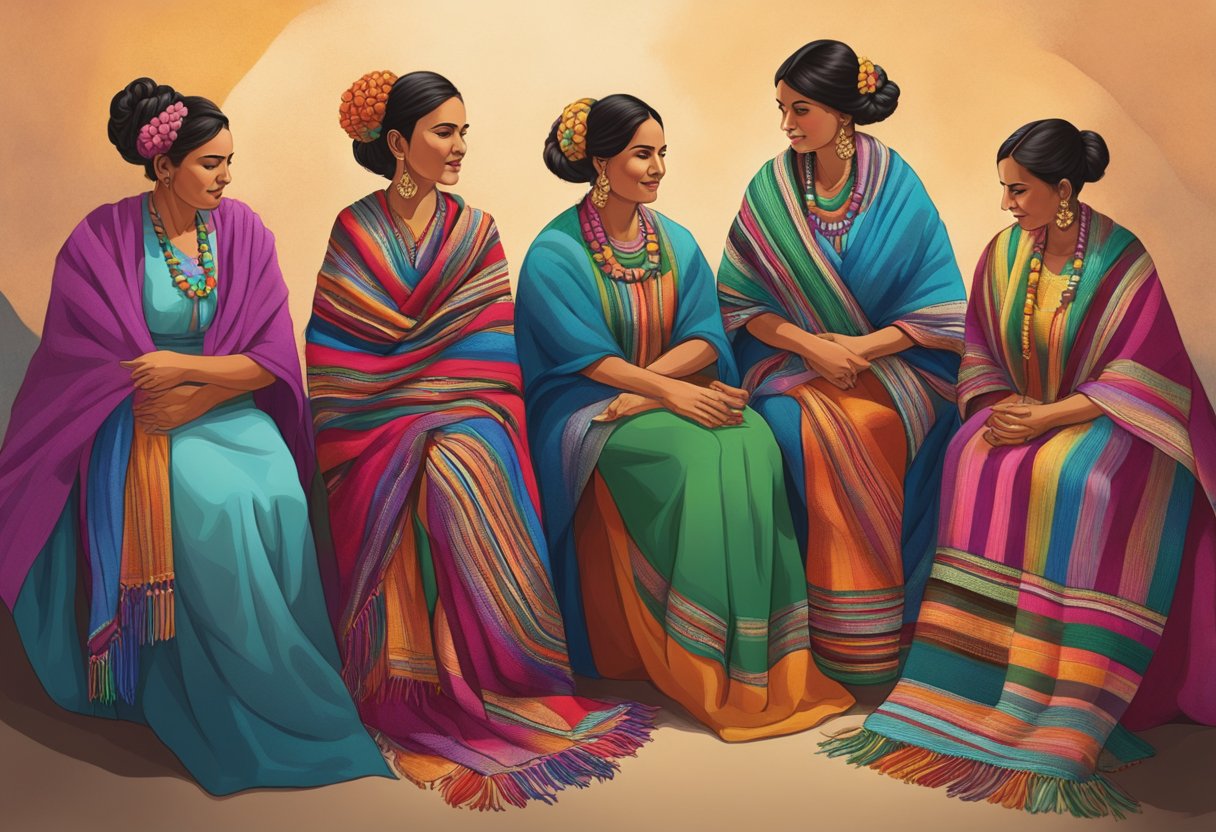 A group of famous Mexican artists gather around a vibrant rebozo, symbolizing the historical significance and cultural importance of the traditional garment