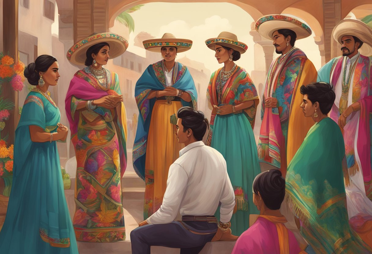 A group of famous Mexican artists surrounded by vibrant rebozos, discussing and admiring the traditional garment in a modern setting