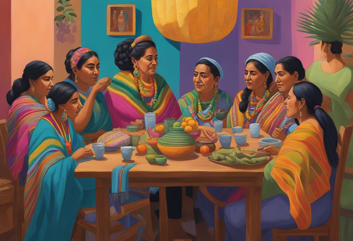 A group of famous Mexican artists gathered around a table, each wearing a colorful rebozo and engaged in conversation. Paintings and sculptures of rebozos adorn the walls