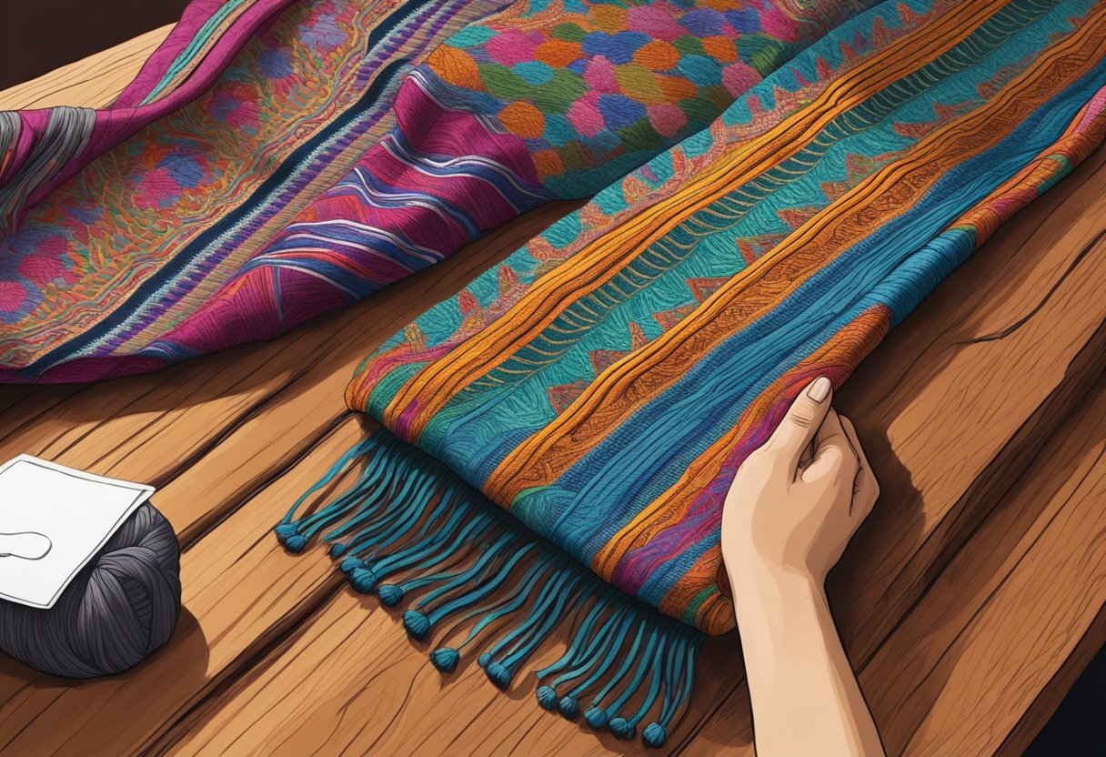 A colorful, intricately patterned rebozo lays draped over a wooden table, with a small tag indicating its authenticity. A woman's hand reaches out to touch the delicate fabric