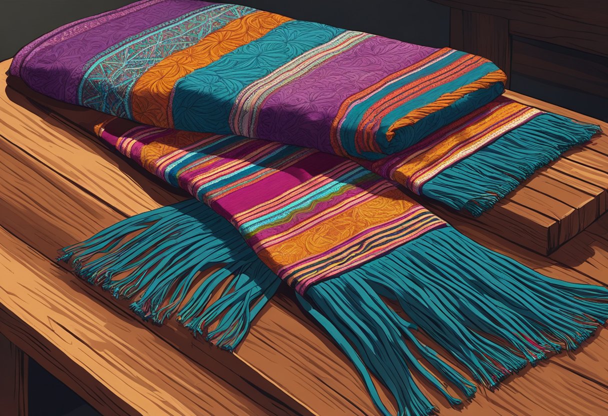 A colorful, intricately patterned rebozo is laid out on a rustic wooden table, with sunlight streaming in from a nearby window, highlighting its delicate weave