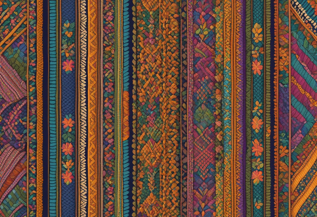 A colorful, intricate handwoven rebozo laid out on a flat surface, showcasing its unique patterns and craftsmanship