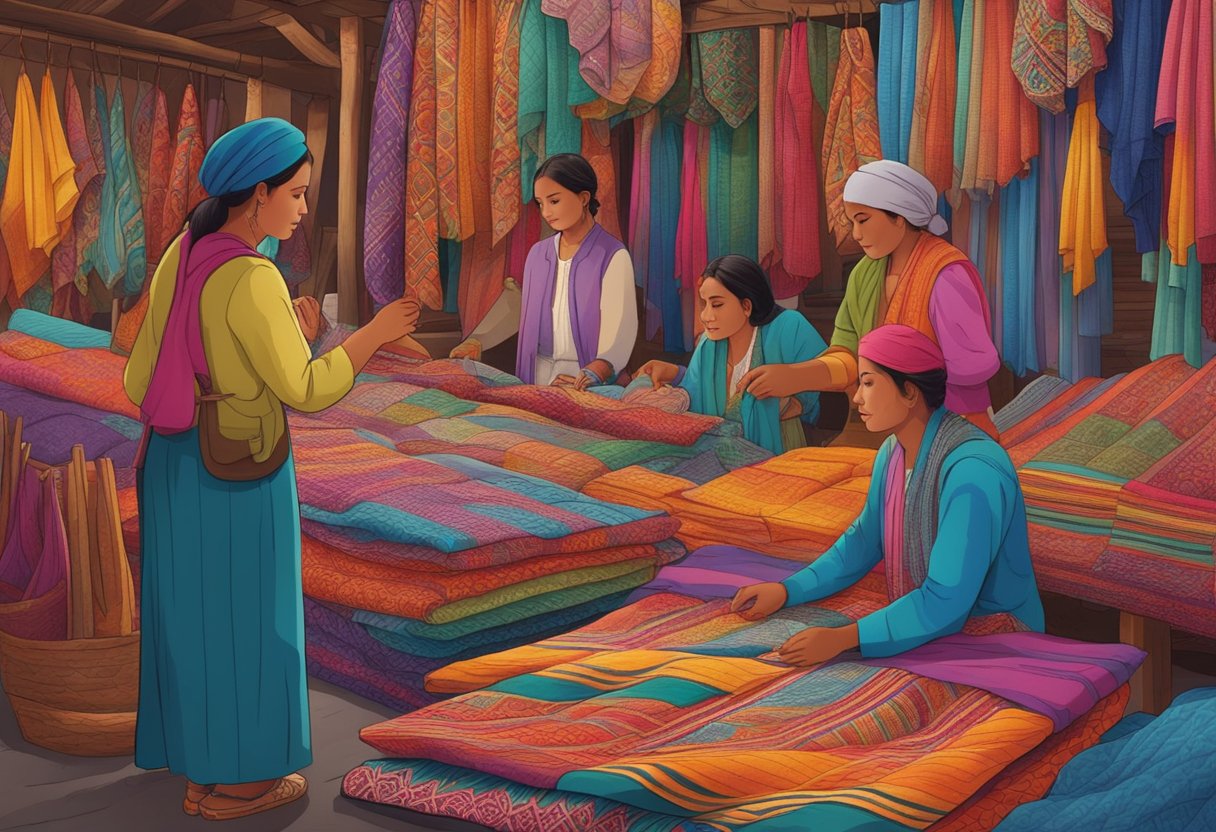 A colorful marketplace with vendors displaying intricately patterned rebozos, while customers inspect the fabric's handwoven texture and examine its authenticity