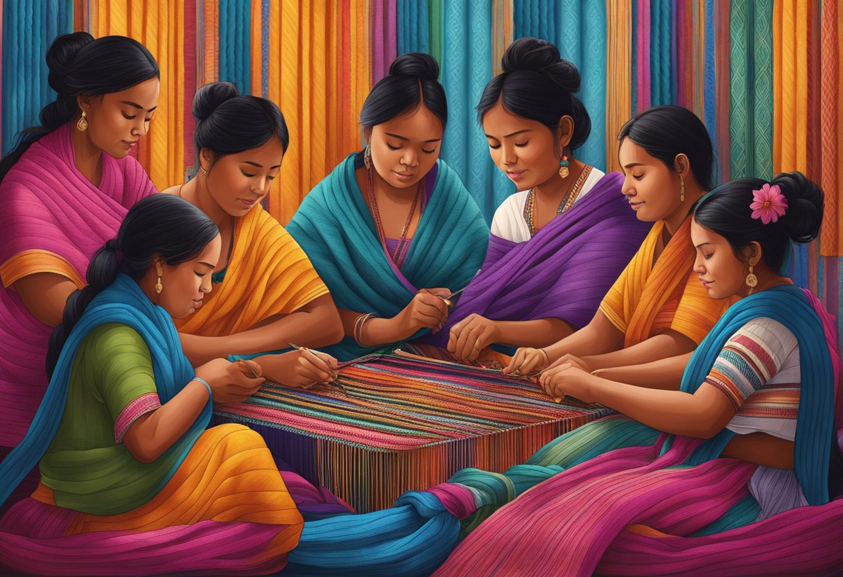 A group of Rebozo artisans sit together, weaving intricate patterns into colorful fabric, surrounded by vibrant threads and traditional tools