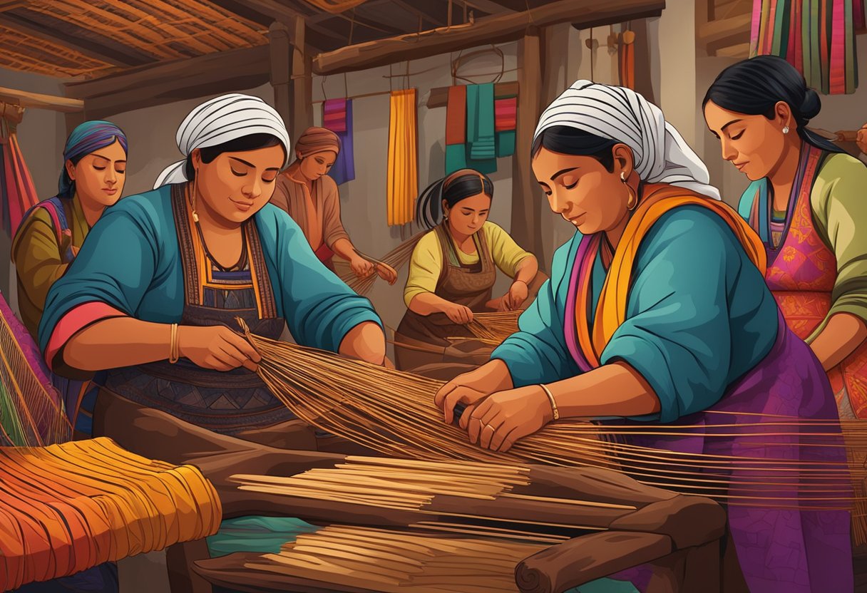 A group of artisans weaving rebozos in a traditional workshop, surrounded by vibrant colors and intricate patterns, showcasing the cultural and historical significance of the craft