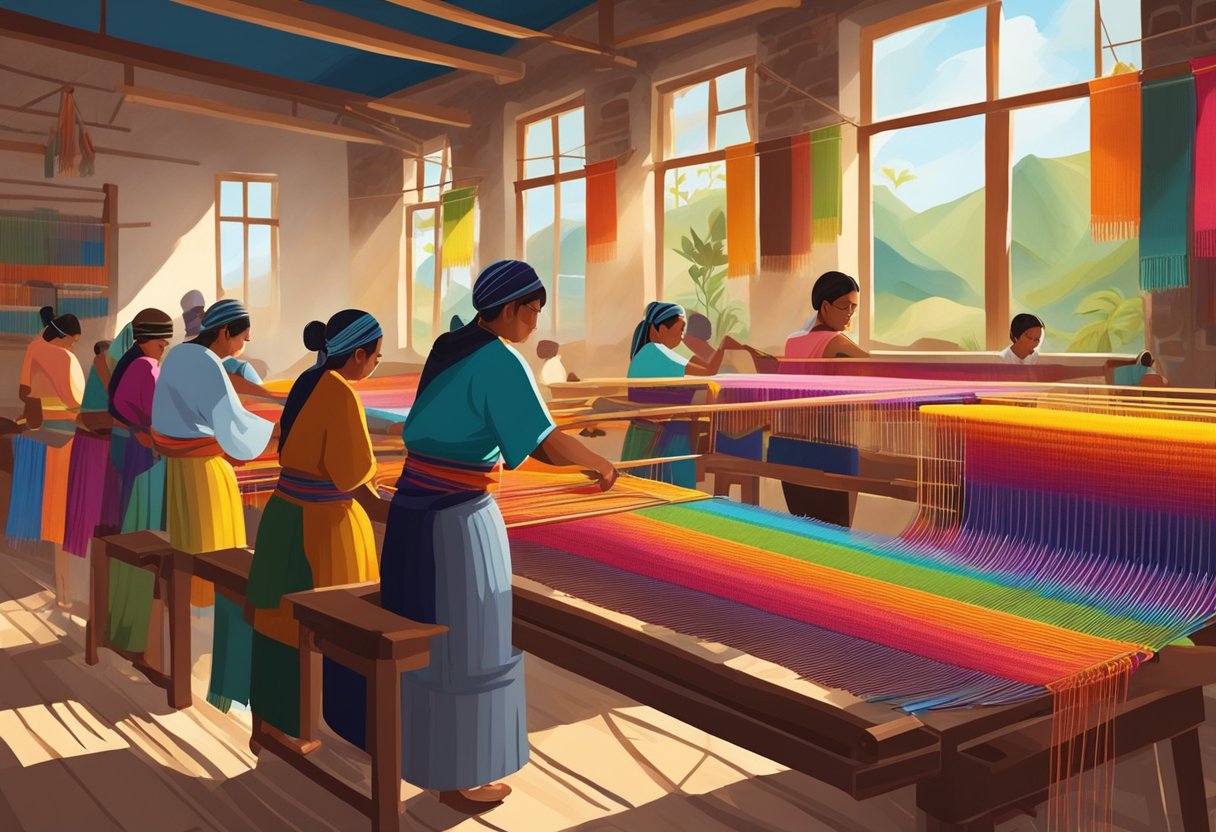 A group of artisans weaving colorful rebozos on traditional looms in a sunlit workshop, surrounded by vibrant yarns and finished textiles