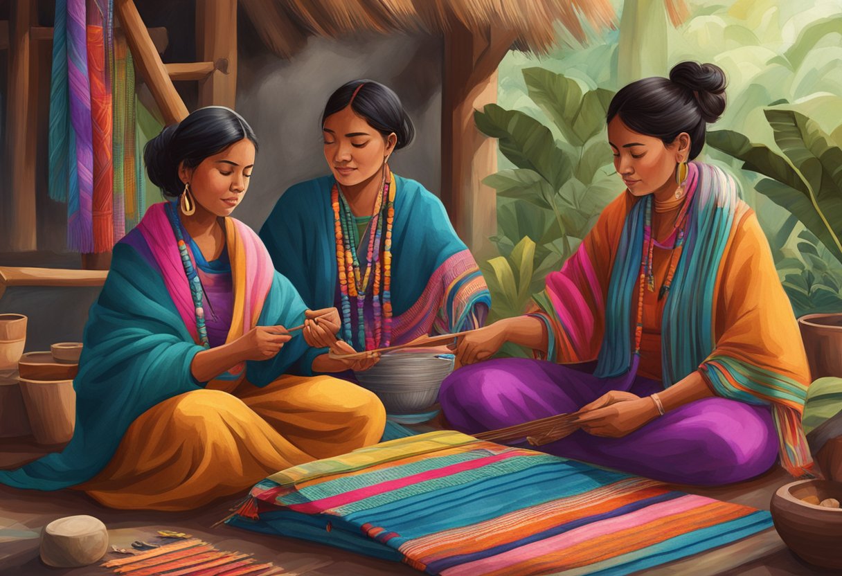 A group of rebozo artisans sitting together, weaving colorful textiles with traditional tools, surrounded by natural materials and vibrant fabrics