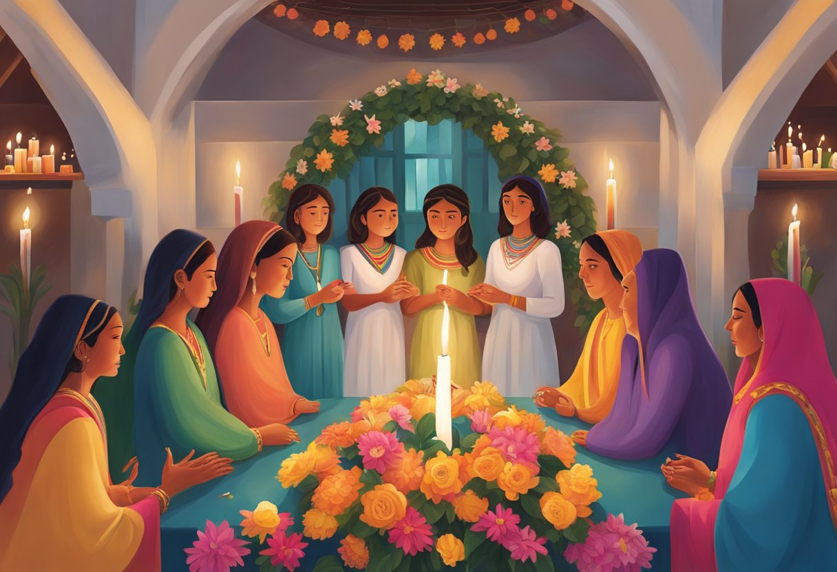 A group of women gather around a traditional altar, adorned with candles and flowers, as they reverently drape colorful rebozos over it