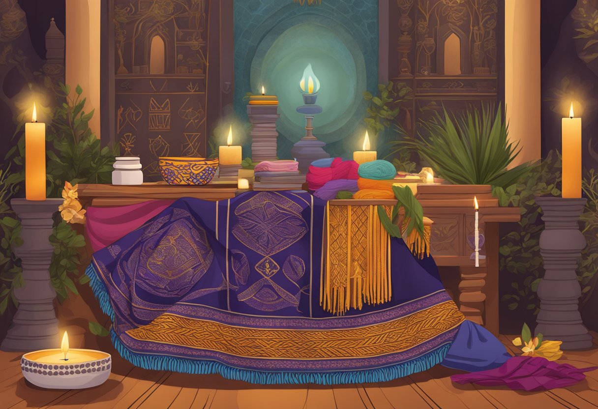 A rebozo draped over a sacred altar, adorned with traditional symbols and surrounded by candles and incense