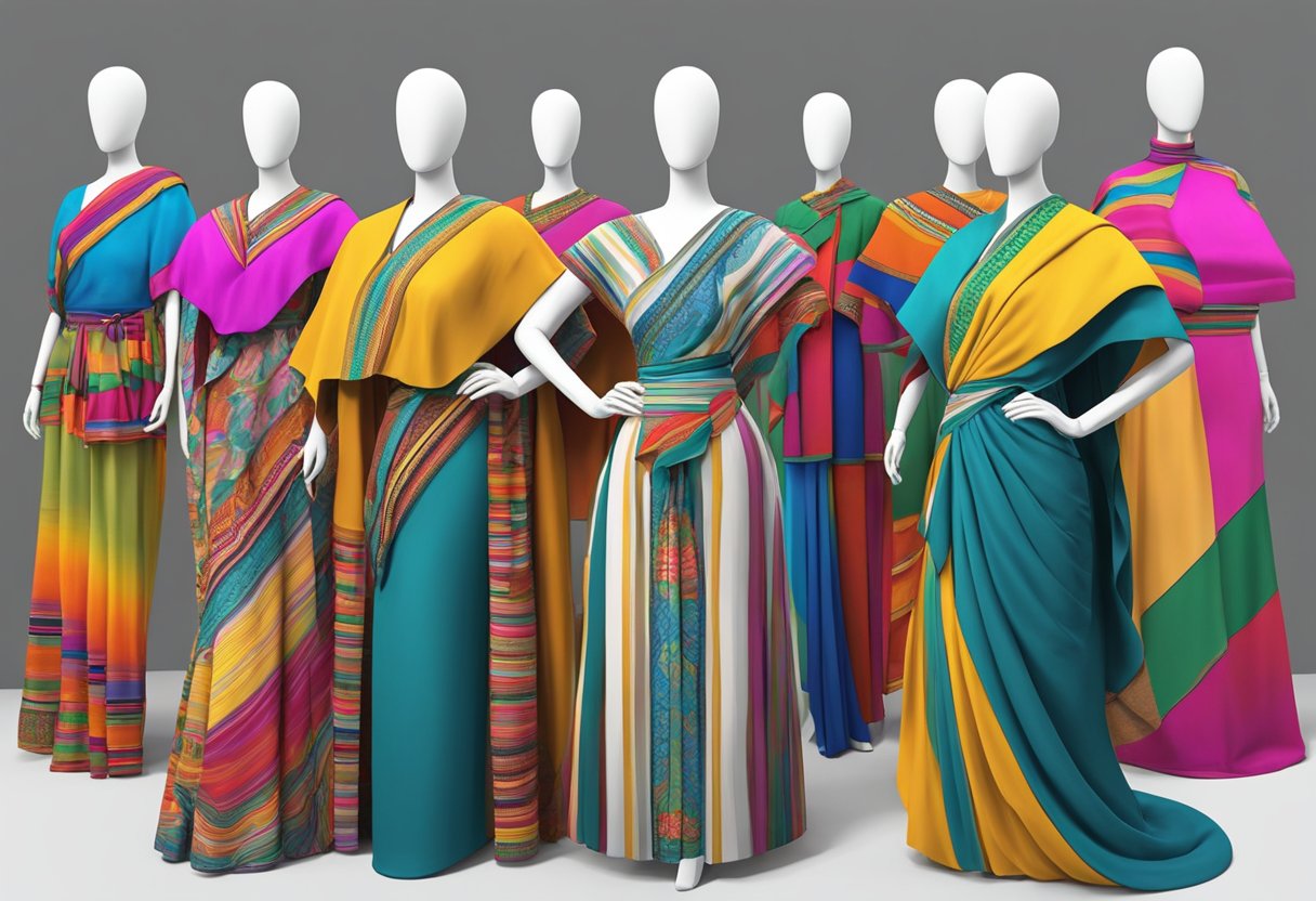 A colorful array of rebozos draped over mannequins in various stylish configurations, representing the cultural significance and versatility of the traditional Mexican garment