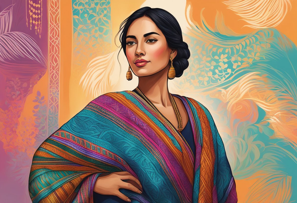 A woman elegantly drapes a rebozo over her shoulder, showcasing the intricate patterns and vibrant colors as it flows gracefully around her