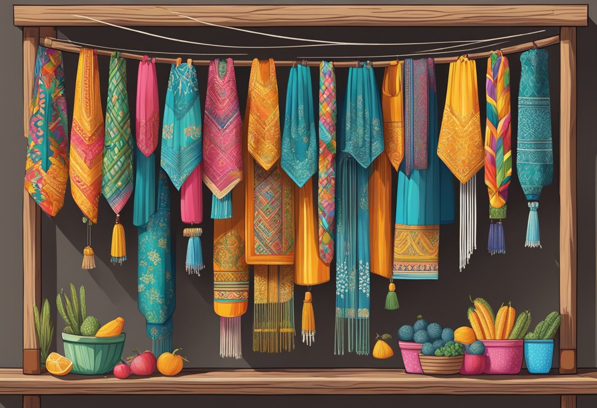 A colorful market stall displays a variety of rebozos, hanging from a wooden beam. Bright patterns and intricate embroidery catch the eye