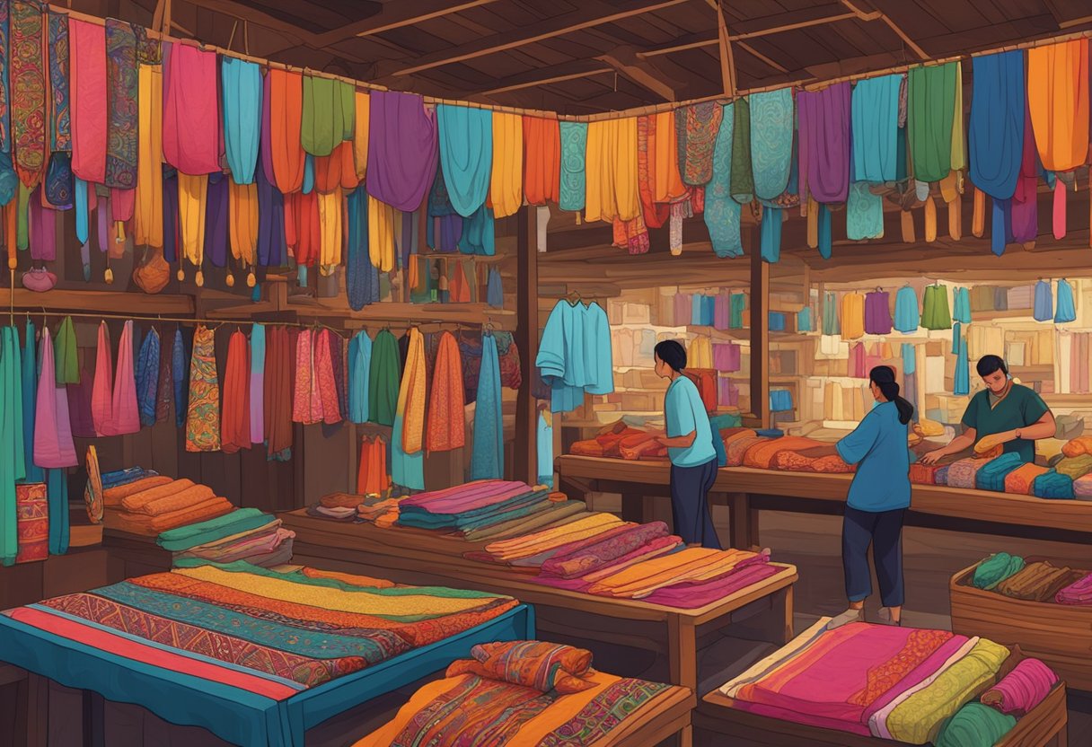 A colorful marketplace display of rebozos, with intricate patterns and vibrant colors hanging from wooden racks. Customers inspect the textiles, while a vendor arranges the merchandise