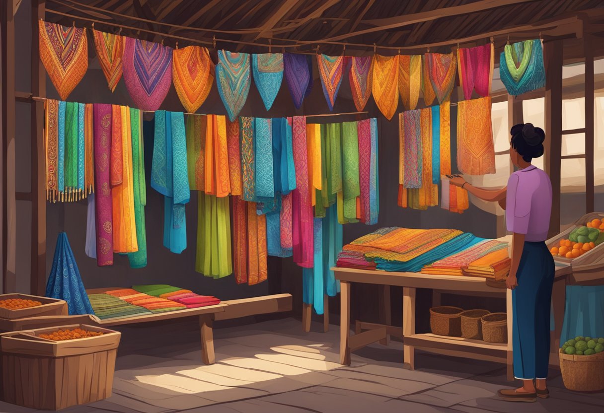 A colorful market stall displaying a variety of rebozos, with intricate patterns and vibrant colors, hanging from a wooden rack. Nearby, a vendor carefully inspecting the fabric