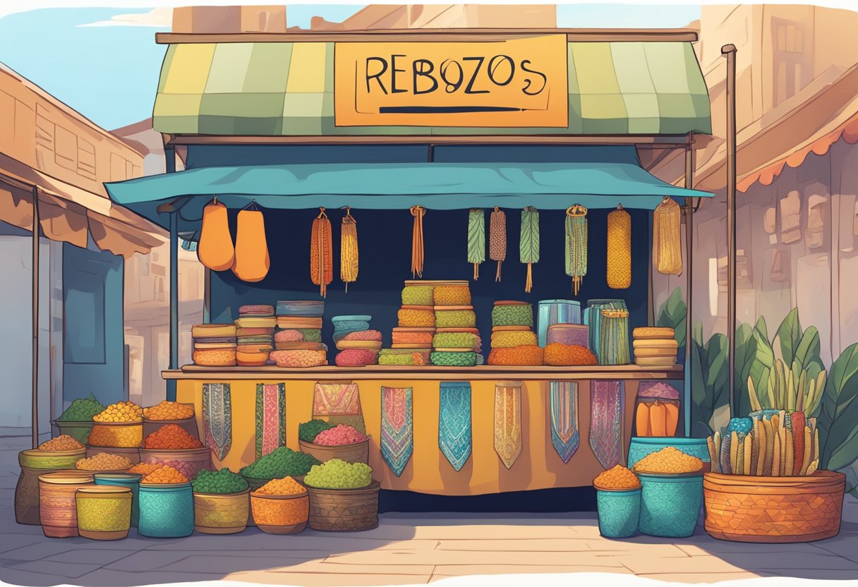 A marketplace stall displaying colorful rebozos with various patterns and textures, accompanied by a sign listing important features to consider when purchasing one