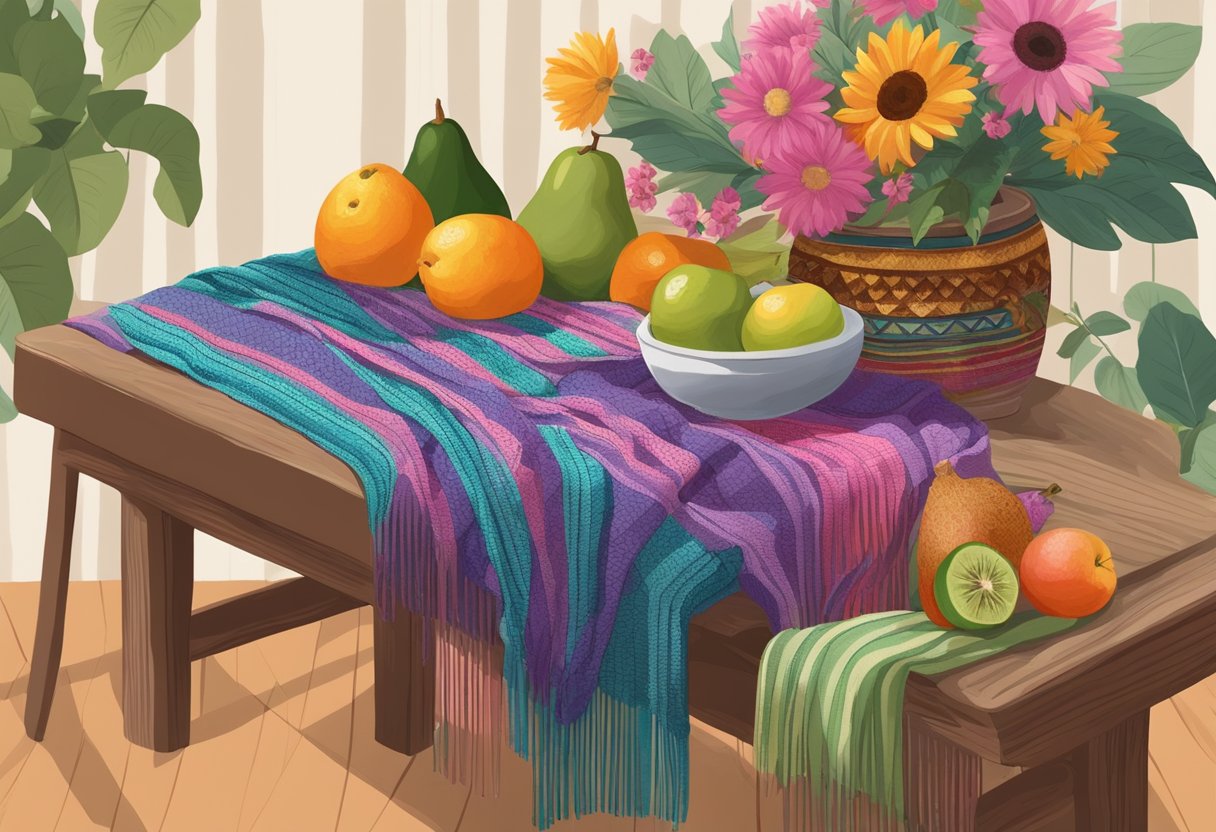 A colorful rebozo draped over a wooden chair, with a blooming flower vase nearby, surrounded by various seasonal fruits and fabrics