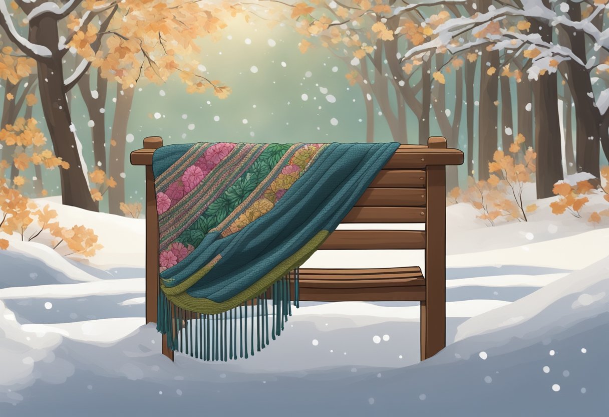 A rebozo draped over a wooden chair, with a background showing changing seasons through different natural elements like flowers, leaves, and snow