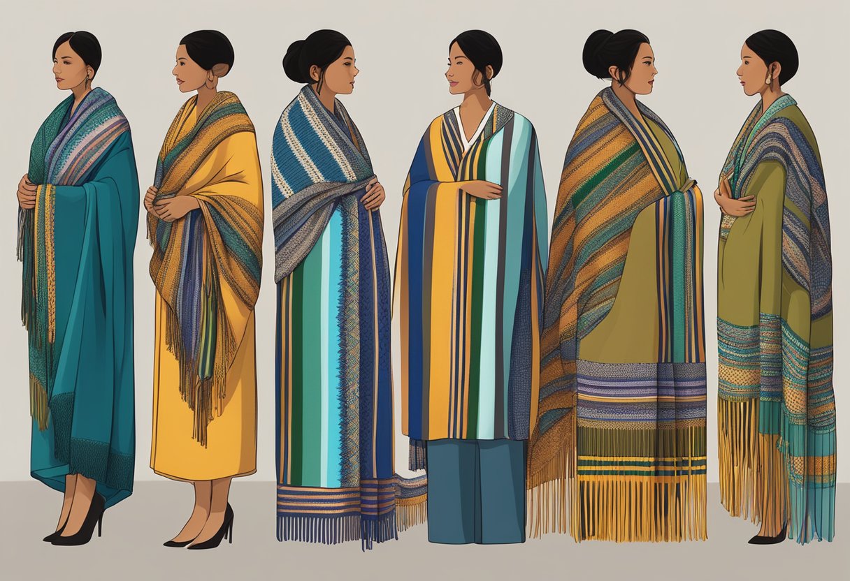 A rebozo and a regular shawl side by side, showcasing their contrasting patterns and fringes, with the rebozo's longer length and thicker fabric