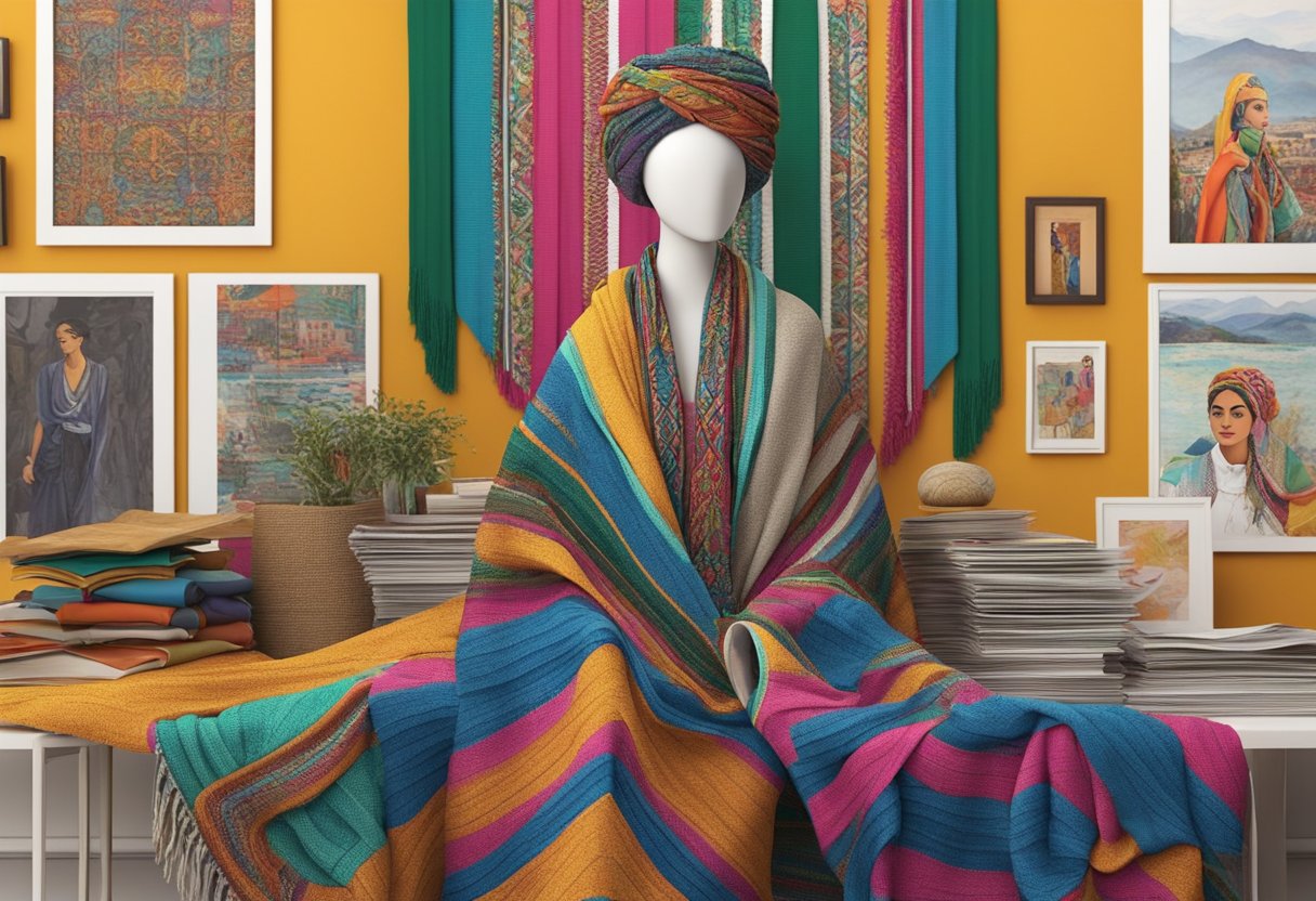 A mannequin draped in a colorful Mexican rebozo, surrounded by international fashion magazines and trend boards