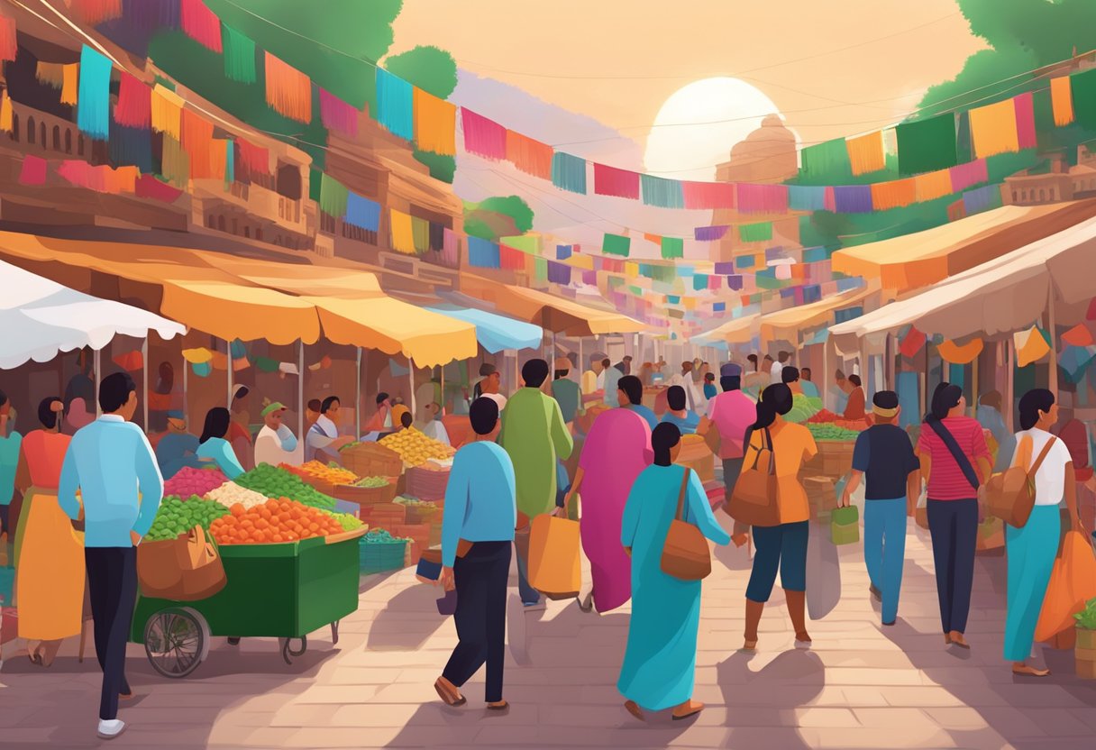 A vibrant marketplace with colorful rebozos on display, surrounded by traditional Mexican architecture and bustling with local and international shoppers