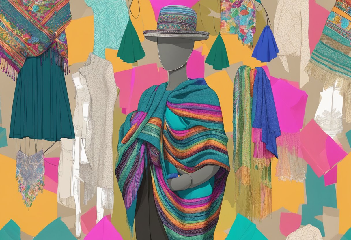 A mannequin adorned with a colorful Mexican rebozo, surrounded by fashion sketches and fabric swatches