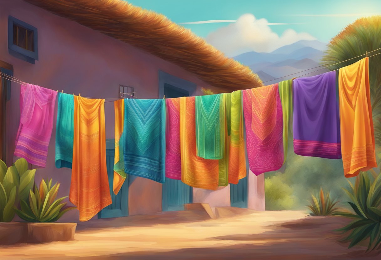 A group of colorful rebozos hanging on a clothesline, blowing in the wind against a vibrant Mexican backdrop