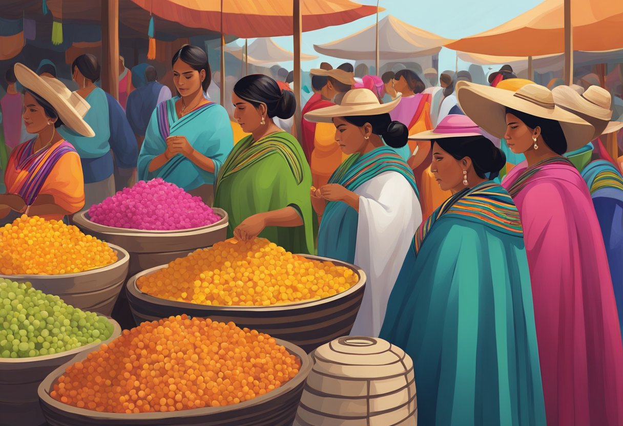 A group of colorful rebozos arranged in a traditional Mexican market, symbolizing strength and empowerment for women