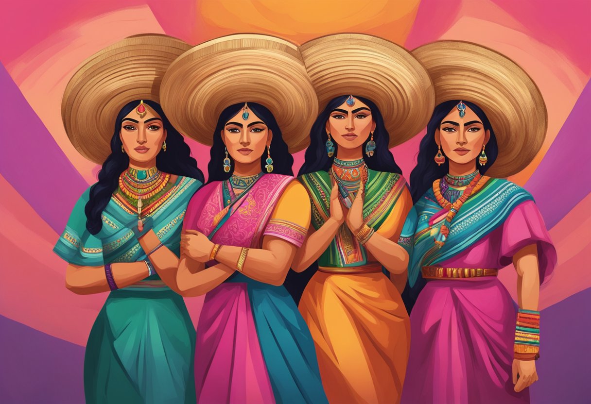 A group of colorful rebozos arranged in a strong and empowering composition, symbolizing the strength and resilience of Mexican women