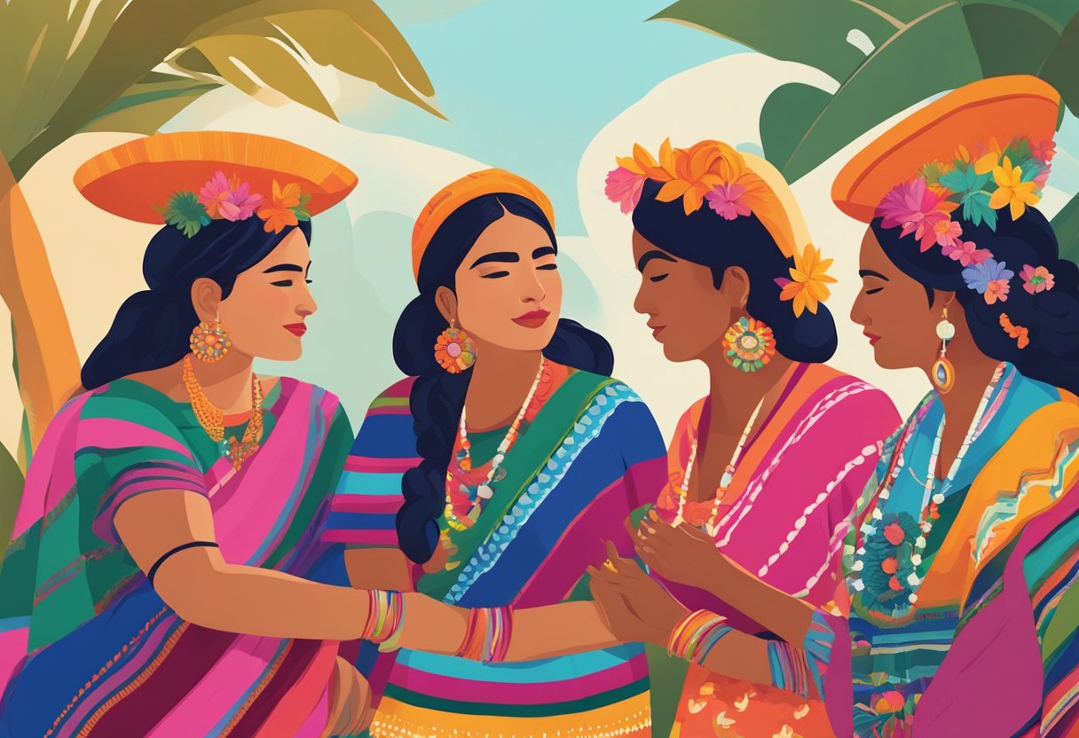 A group of Mexican women gather in a circle, holding colorful rebozos. They are engaged in deep conversation, their expressions reflecting empowerment and strength