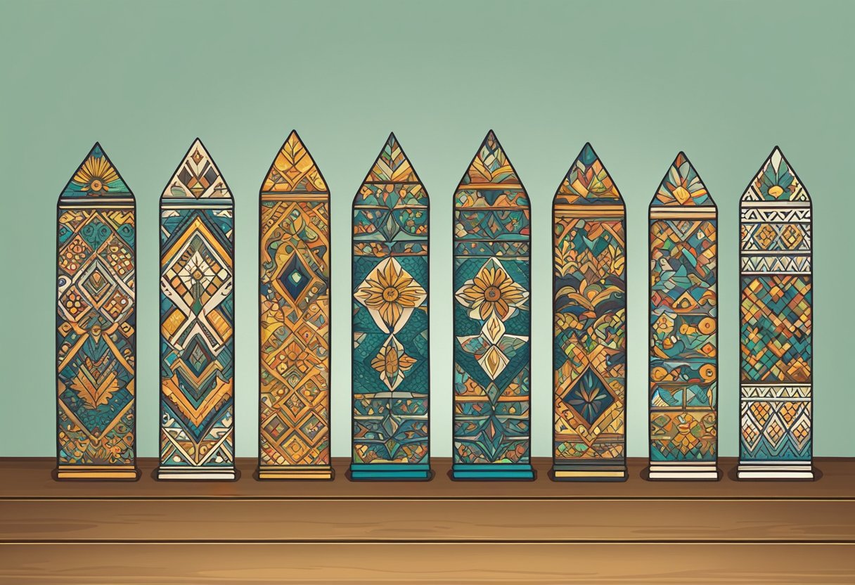 A row of rebozos, from traditional patterns to modern designs, displayed on a wooden table with soft lighting