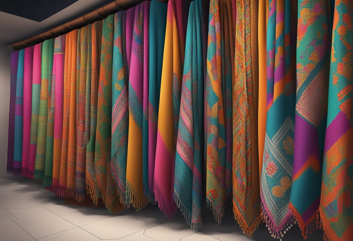 A group of rebozos, traditional Mexican shawls, displayed in a modern fashion boutique, blending traditional patterns with contemporary designs