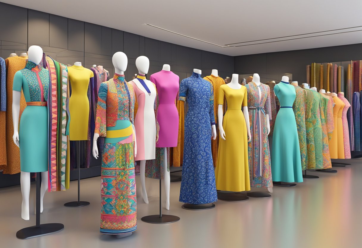 A colorful array of rebozos, from traditional patterns to modern designs, displayed on mannequins in a fashion showroom