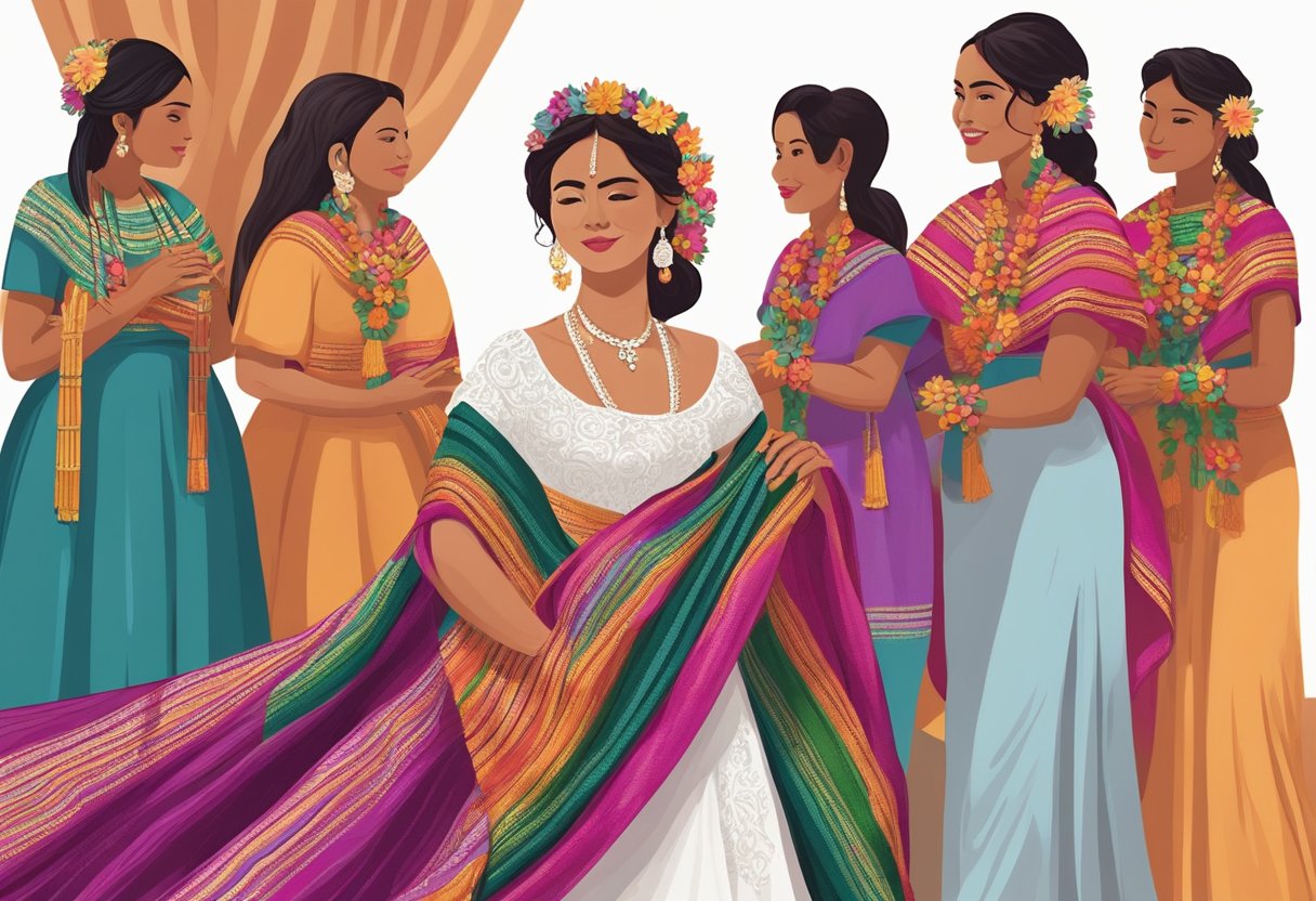 A bride adorned in traditional Mexican attire is being draped with a vibrant rebozo by a female family member, symbolizing the passing down of cultural traditions