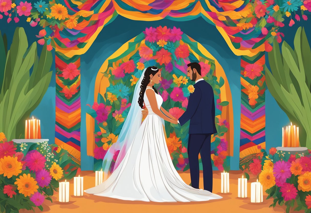 A colorful rebozo drapes over the shoulders of a bride and groom in front of a traditional Mexican wedding altar, adorned with vibrant flowers and candles