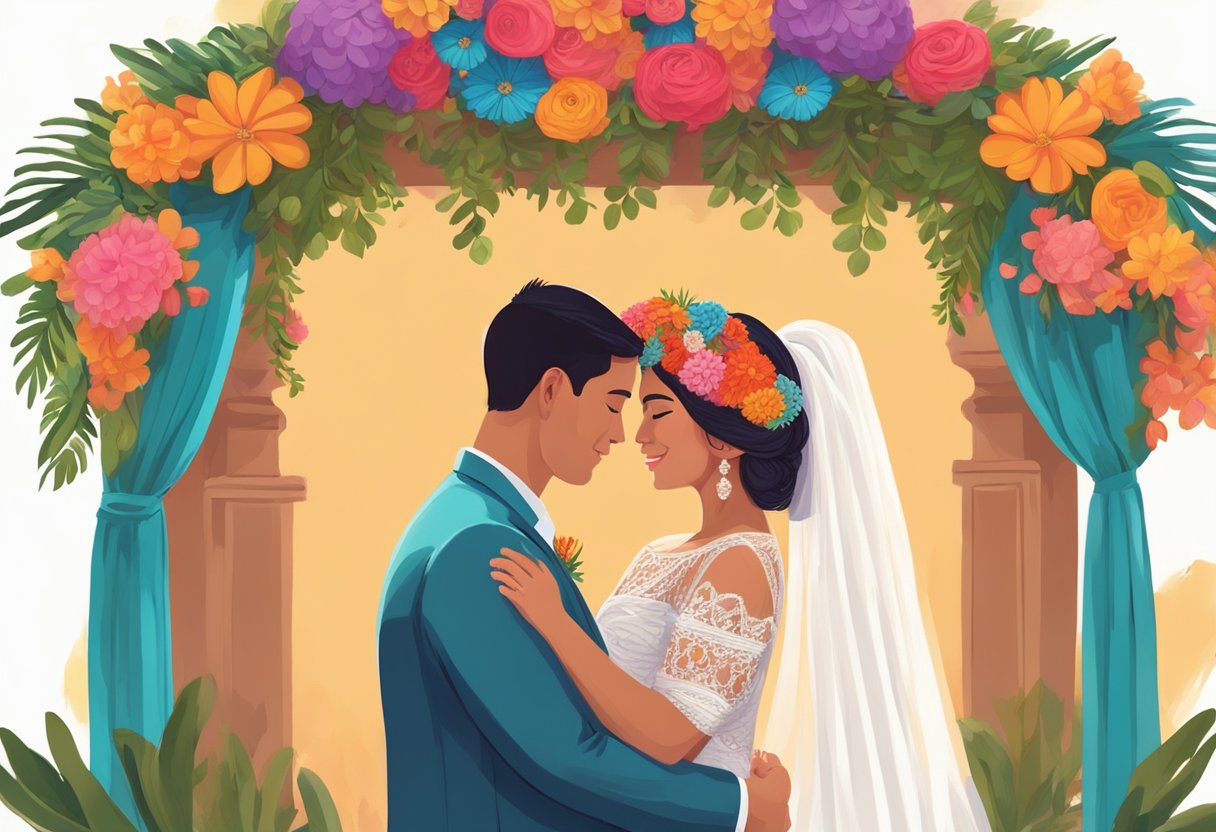 A colorful rebozo is draped over a bride and groom's shoulders as they stand at the altar, surrounded by vibrant flowers and traditional Mexican decor