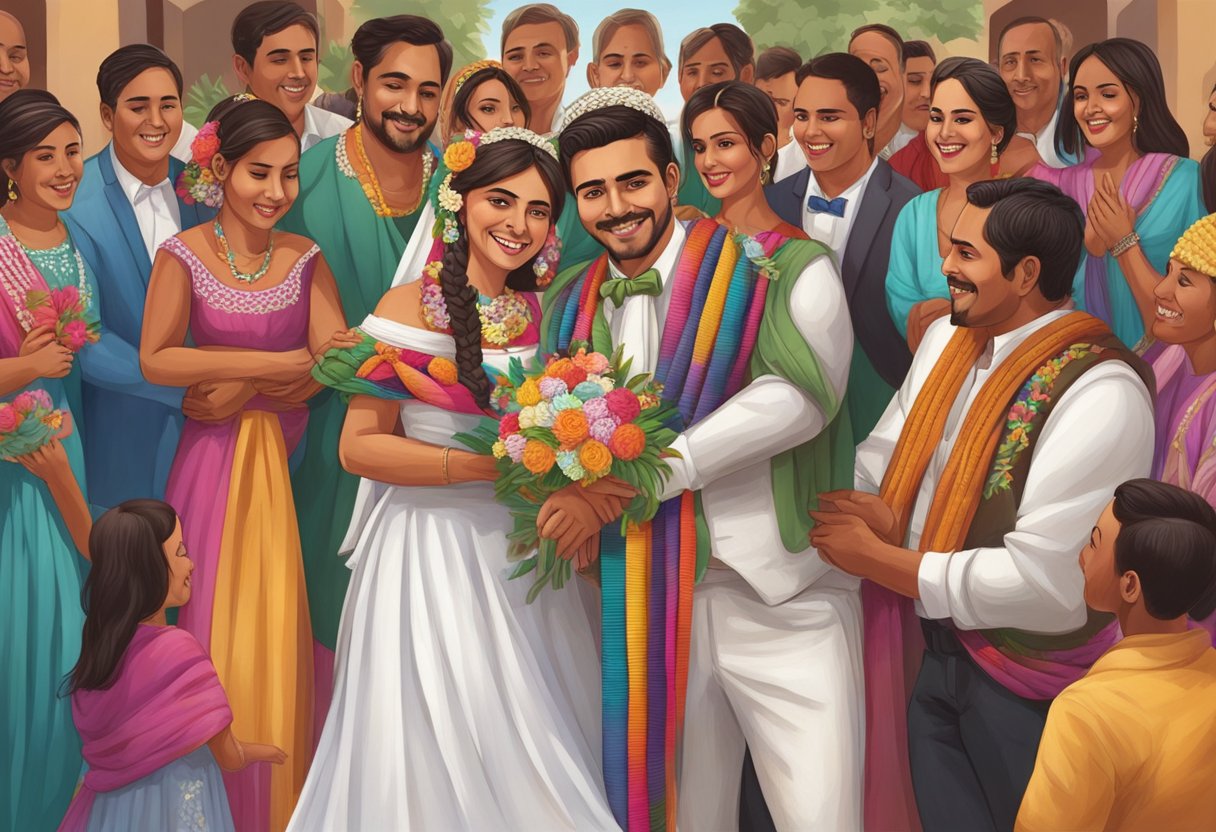 A traditional Mexican wedding scene with a bride and groom, surrounded by family and friends, with the bride wearing a colorful rebozo draped over her shoulders