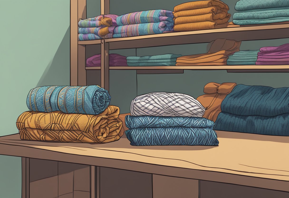 A rebozo is neatly folded and placed in a fabric storage bag on a shelf, with other rebozos neatly organized nearby