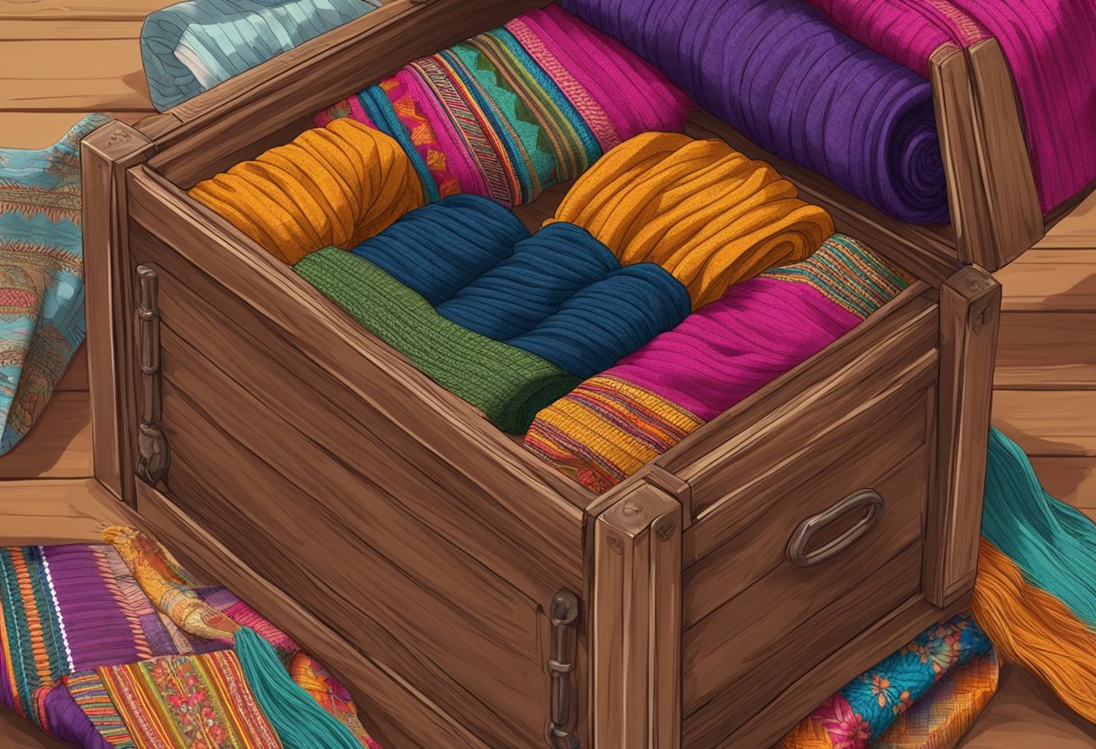 A colorful rebozo is neatly folded and stored in a traditional wooden chest, surrounded by historical artifacts and textiles